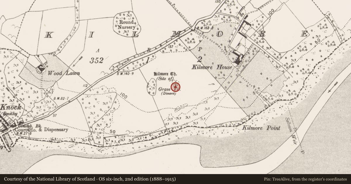 Ordnance Survey six-inch map, 2nd edition (1888–1915) covering the location of Church, Kilmore, County Clare, with a pin at the register's coordinates