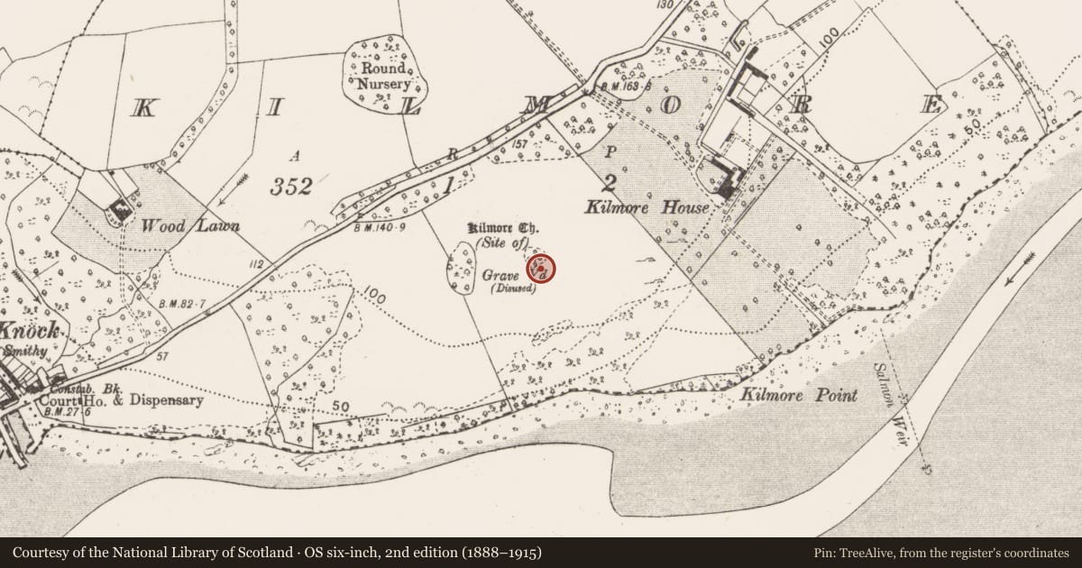 Ordnance Survey six-inch map, 2nd edition (1888–1915) covering the location of Graveyard, Kilmore, County Clare, with a pin at the register's coordinates