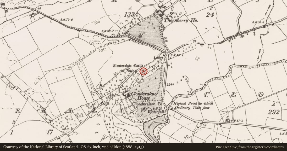 Ordnance Survey six-inch map, 2nd edition (1888–1915) covering the location of Castle - unclassified, Clonderalaw, County Clare, with a pin at the register's coordinates