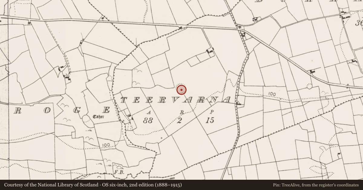 Ordnance Survey six-inch map, 2nd edition (1888–1915) covering the location of Ringfort - rath, Teervarna, County Clare, with a pin at the register's coordinates