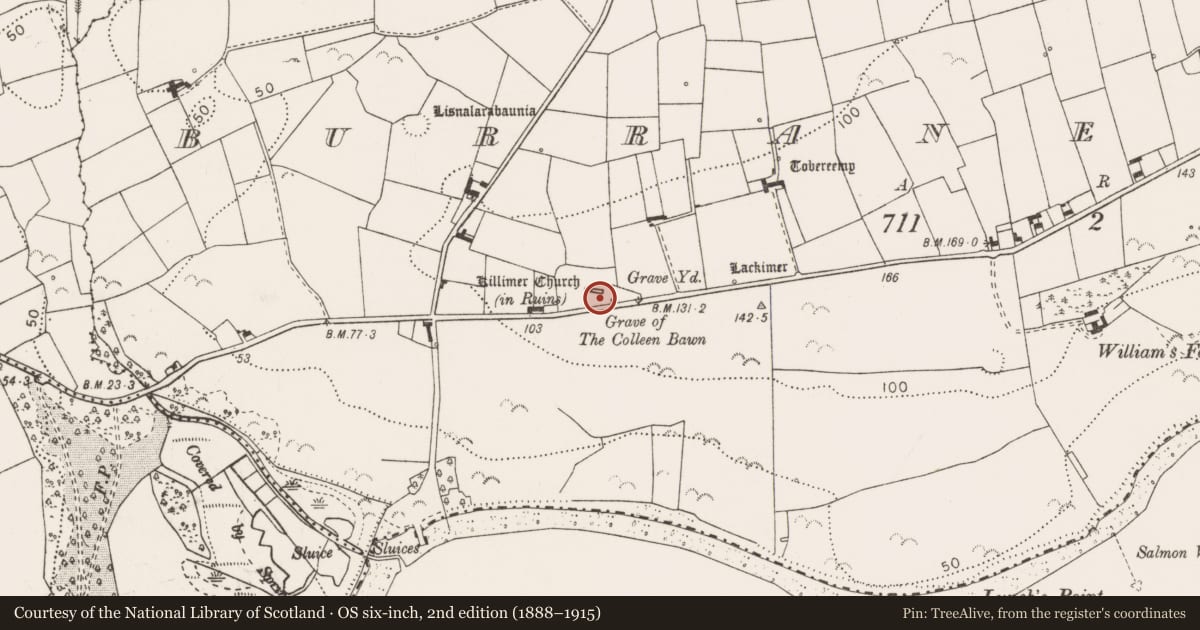 Ordnance Survey six-inch map, 2nd edition (1888–1915) covering the location of Church, Burrane Lower, County Clare, with a pin at the register's coordinates