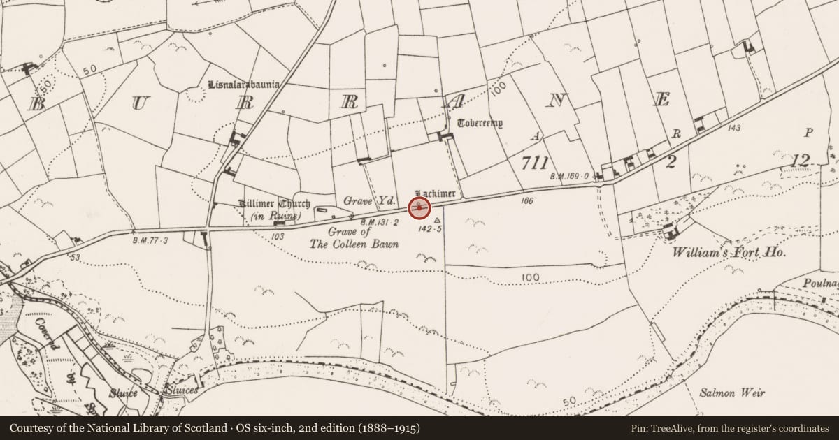 Ordnance Survey six-inch map, 2nd edition (1888–1915) covering the location of Ritual site - holy well, Burrane Lower, County Clare, with a pin at the register's coordinates