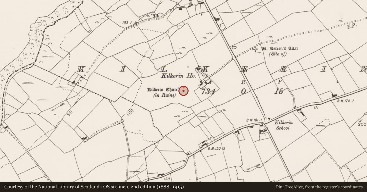 Ordnance Survey six-inch map, 2nd edition (1888–1915) covering the location of Church, Kilkerin, County Clare, with a pin at the register's coordinates