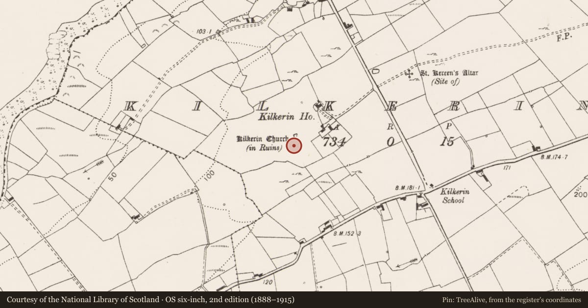 Ordnance Survey six-inch map, 2nd edition (1888–1915) covering the location of Graveyard, Kilkerin, County Clare, with a pin at the register's coordinates