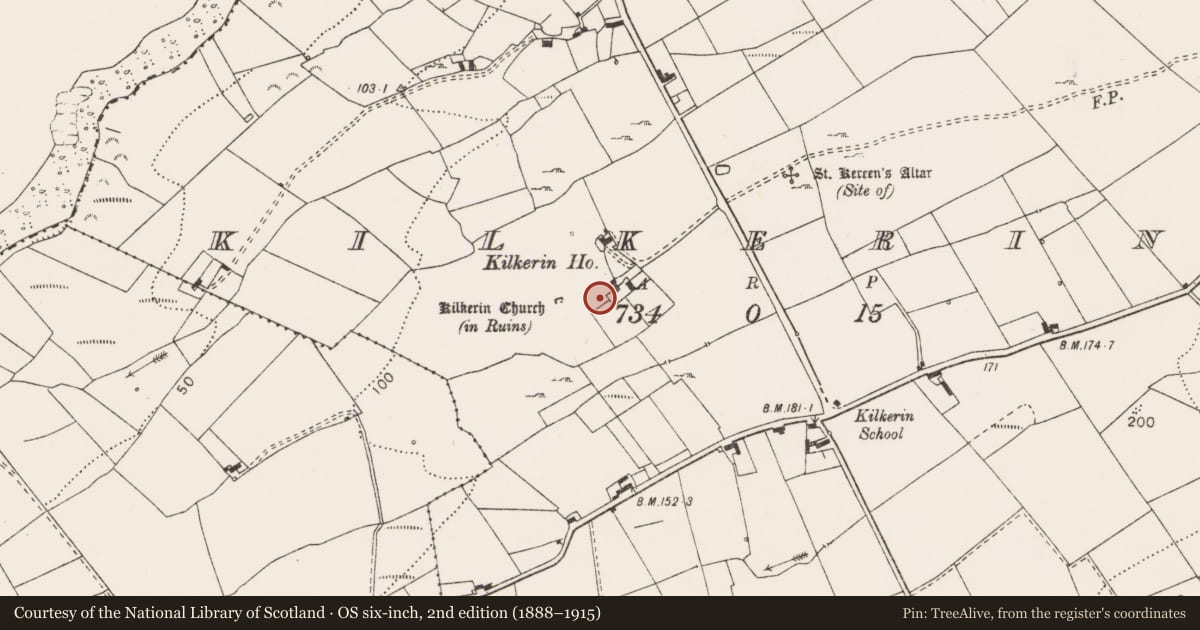 Ordnance Survey six-inch map, 2nd edition (1888–1915) covering the location of Standing stone, Kilkerin, County Clare, with a pin at the register's coordinates