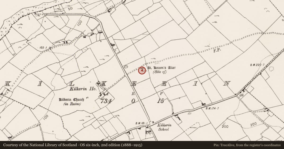 Ordnance Survey six-inch map, 2nd edition (1888–1915) covering the location of Ritual site - holy well, Kilkerin, County Clare, with a pin at the register's coordinates