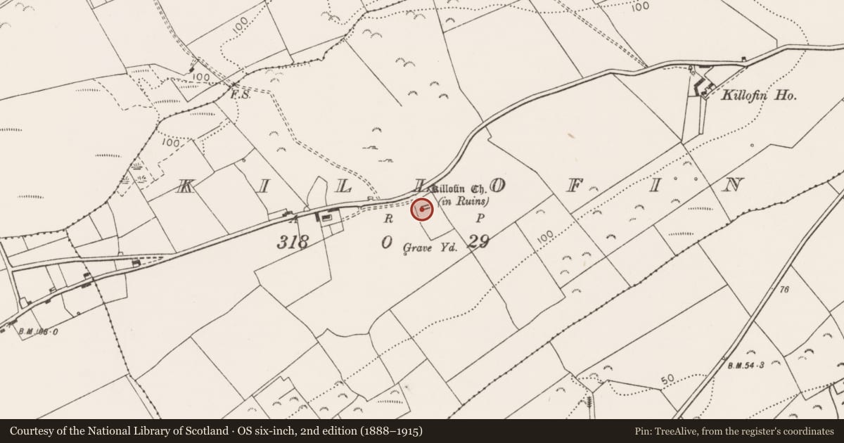 Ordnance Survey six-inch map, 2nd edition (1888–1915) covering the location of Church, Killofin, County Clare, with a pin at the register's coordinates