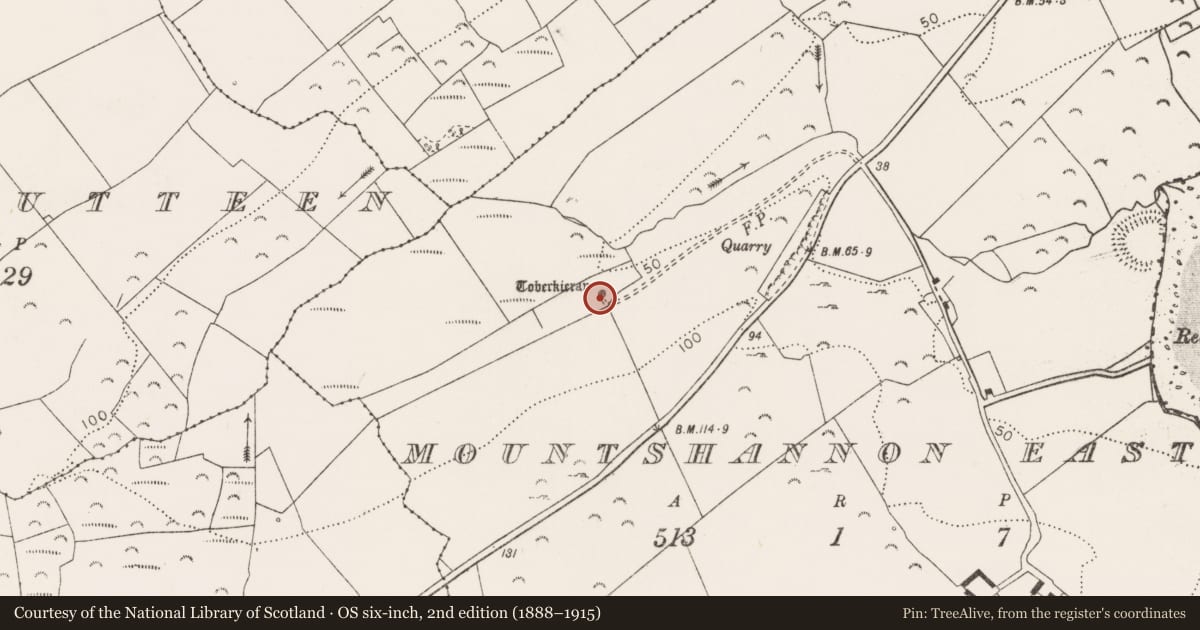 Ordnance Survey six-inch map, 2nd edition (1888–1915) covering the location of Ritual site - holy well, Mountshannon East, County Clare, with a pin at the register's coordinates