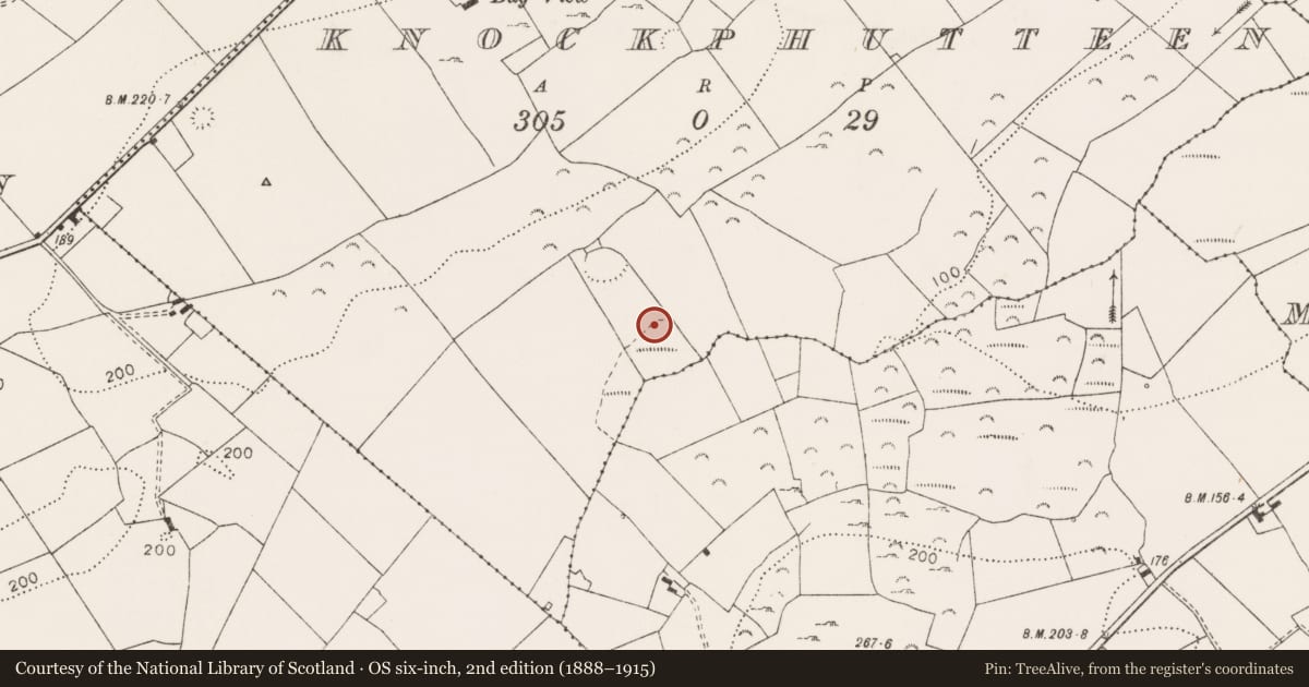 Ordnance Survey six-inch map, 2nd edition (1888–1915) covering the location of Fulacht fia, Knockphutteen, County Clare, with a pin at the register's coordinates
