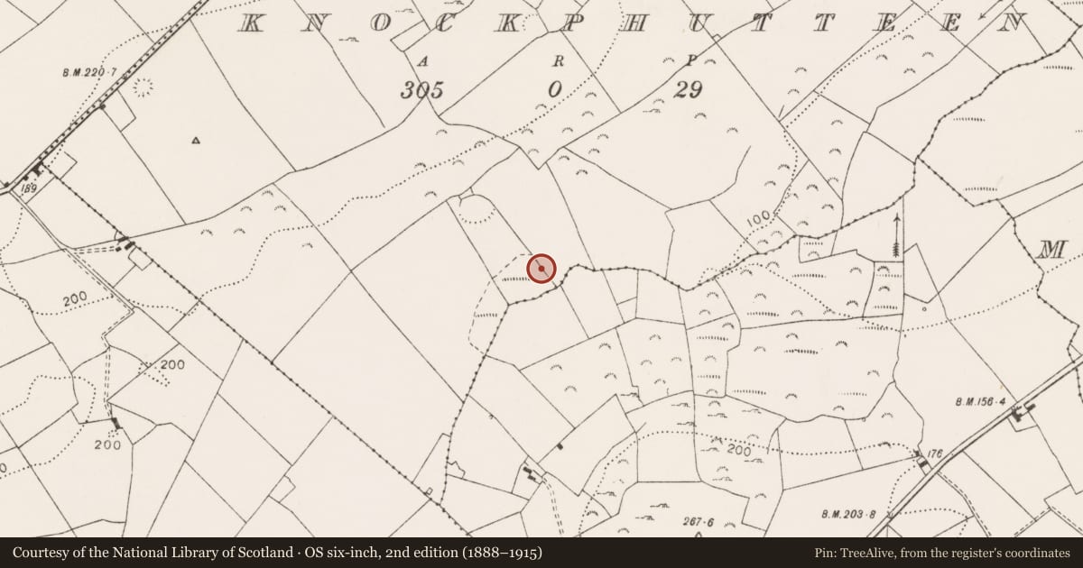 Ordnance Survey six-inch map, 2nd edition (1888–1915) covering the location of Burnt mound, Knockphutteen, County Clare, with a pin at the register's coordinates
