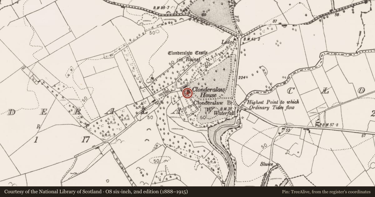 Ordnance Survey six-inch map, 2nd edition (1888–1915) covering the location of House - 16th/17th century, Clonderalaw, County Clare, with a pin at the register's coordinates