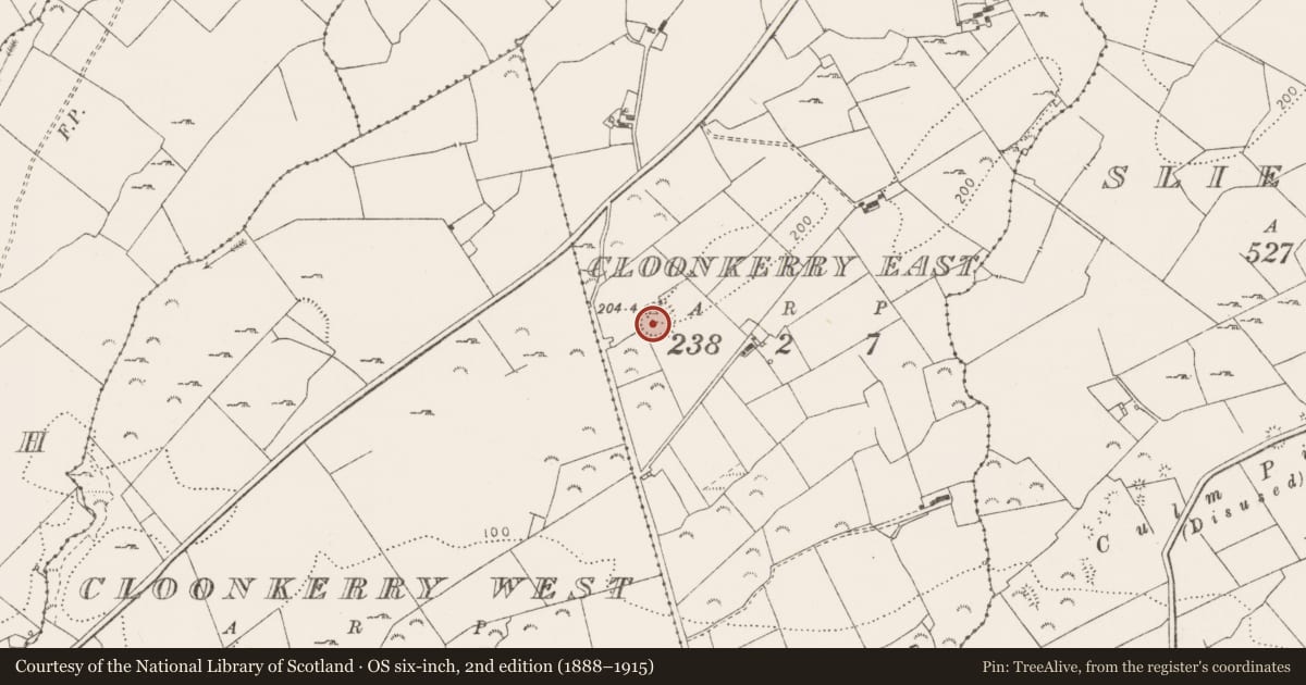 Ordnance Survey six-inch map, 2nd edition (1888–1915) covering the location of Ringfort - rath, Cloonkerry East, County Clare, with a pin at the register's coordinates