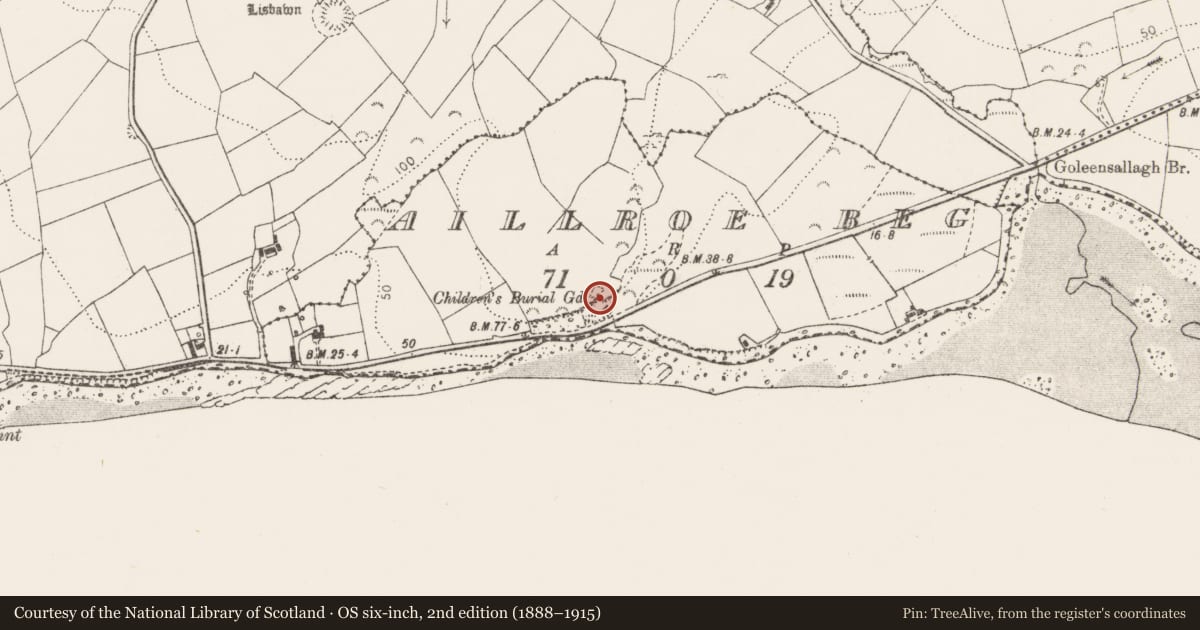 Ordnance Survey six-inch map, 2nd edition (1888–1915) covering the location of Children's burial ground, Aillroe Beg, County Clare, with a pin at the register's coordinates