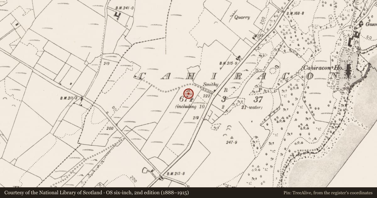Ordnance Survey six-inch map, 2nd edition (1888–1915) covering the location of Burnt mound, Cahiracon, County Clare, with a pin at the register's coordinates
