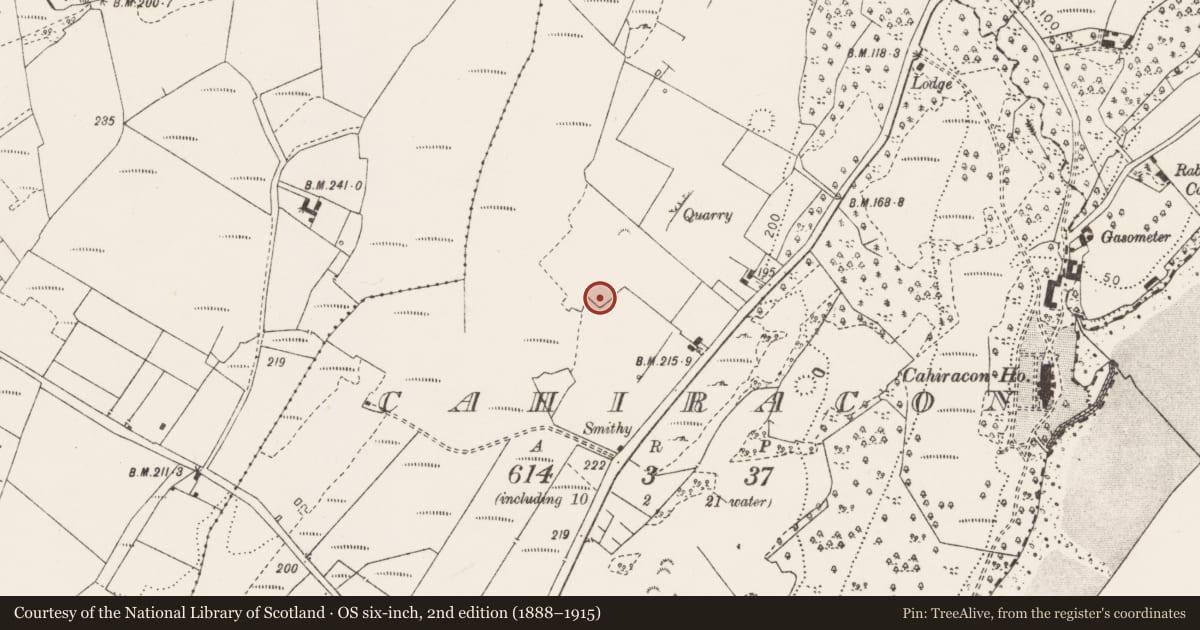 Ordnance Survey six-inch map, 2nd edition (1888–1915) covering the location of Fulacht fia, Cahiracon, County Clare, with a pin at the register's coordinates