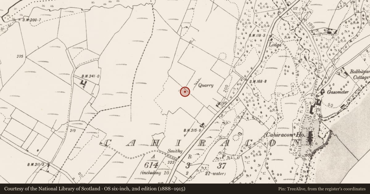 Ordnance Survey six-inch map, 2nd edition (1888–1915) covering the location of Fulacht fia, Cahiracon, County Clare, with a pin at the register's coordinates