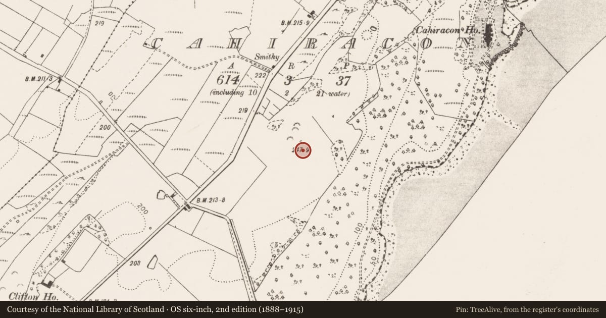 Ordnance Survey six-inch map, 2nd edition (1888–1915) covering the location of Ringfort - rath, Cahiracon, County Clare, with a pin at the register's coordinates