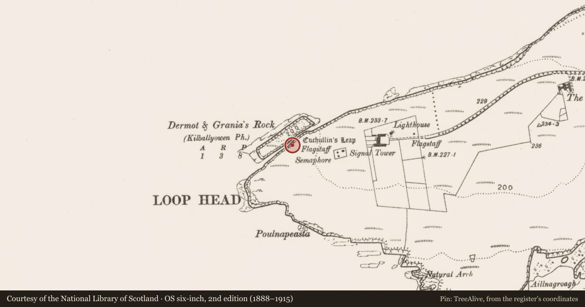 Ordnance Survey six-inch map, 2nd edition (1888–1915) covering the location of Standing stone, Kilbaha South, County Clare, with a pin at the register's coordinates