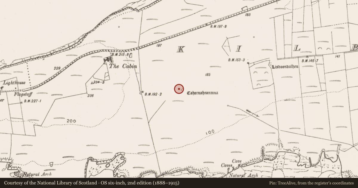 Ordnance Survey six-inch map, 2nd edition (1888–1915) covering the location of Ringfort - cashel, Kilbaha South, County Clare, with a pin at the register's coordinates