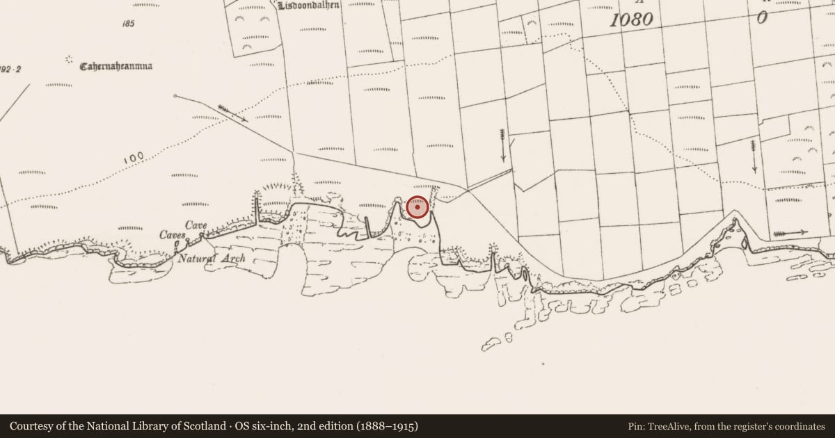 Ordnance Survey six-inch map, 2nd edition (1888–1915) covering the location of Promontory fort - coastal, Kilbaha South, County Clare, with a pin at the register's coordinates