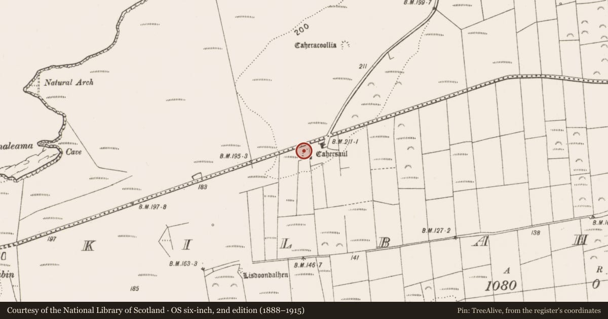 Ordnance Survey six-inch map, 2nd edition (1888–1915) covering the location of Ringfort - rath, Kilbaha South, County Clare, with a pin at the register's coordinates
