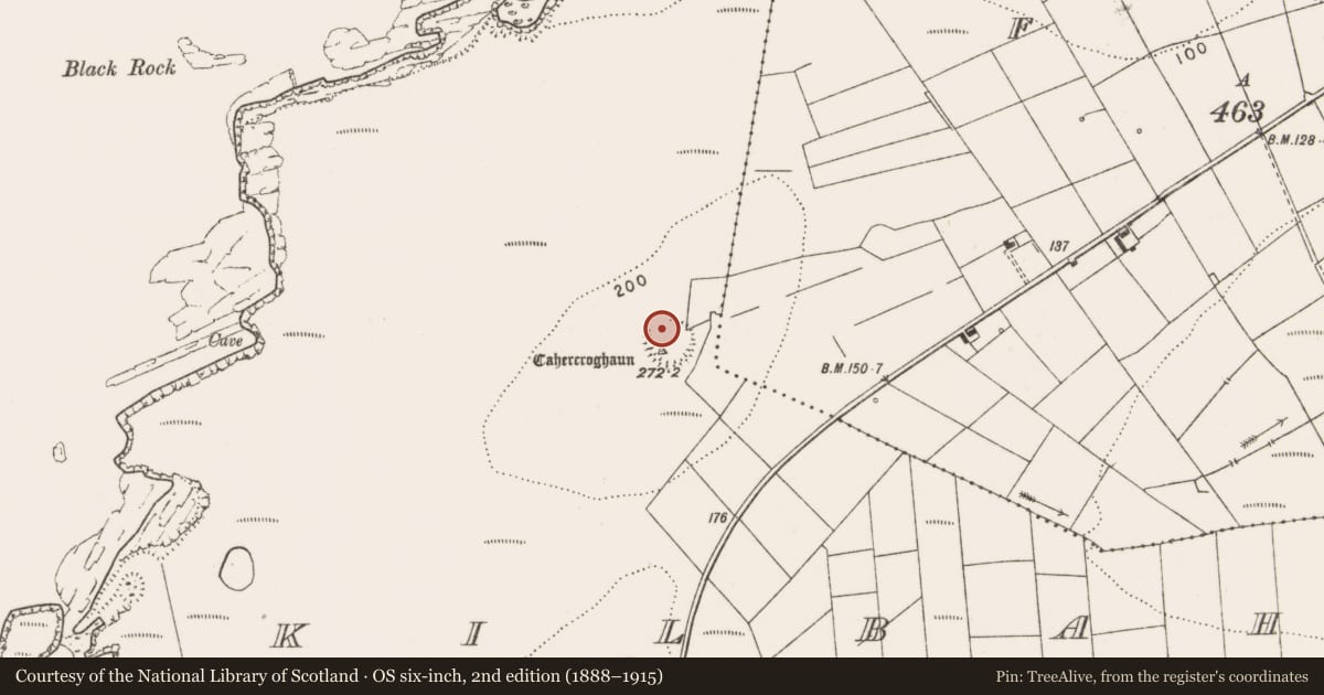 Ordnance Survey six-inch map, 2nd edition (1888–1915) covering the location of Ringfort - rath, Kilbaha North, County Clare, with a pin at the register's coordinates