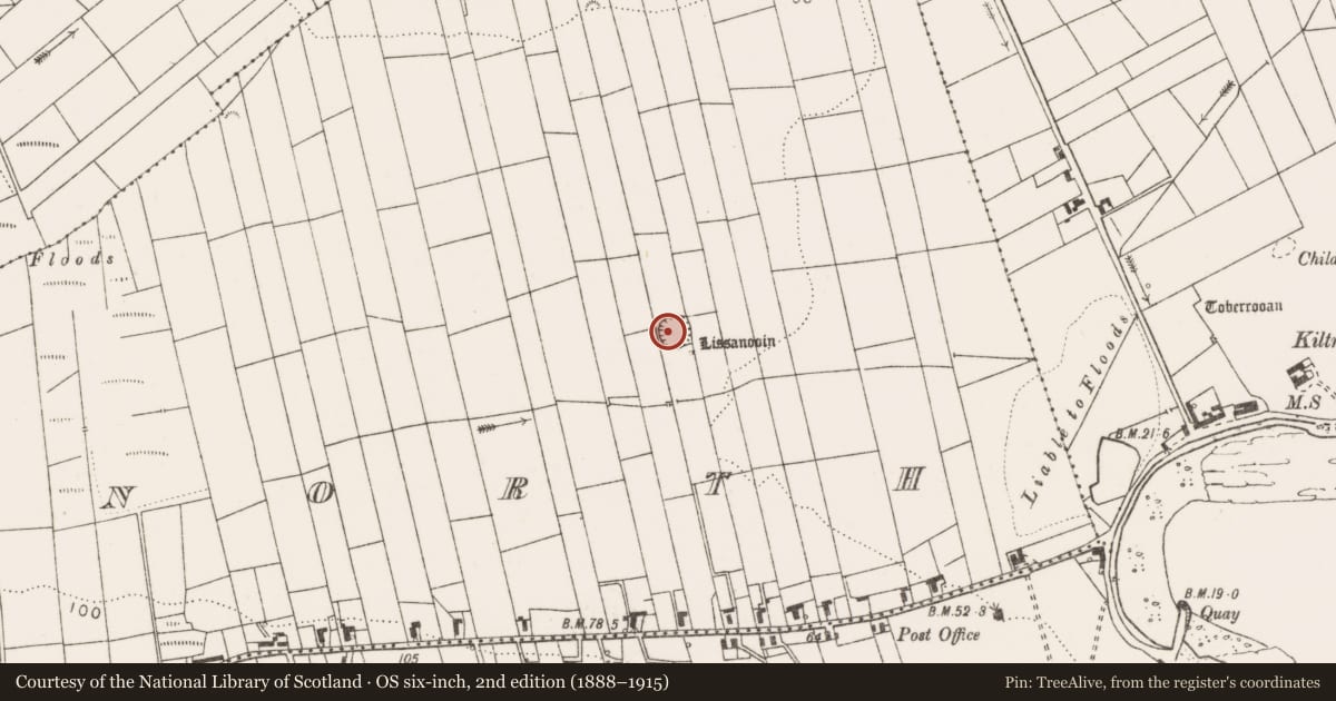 Ordnance Survey six-inch map, 2nd edition (1888–1915) covering the location of Ringfort - rath, Kilbaha North, County Clare, with a pin at the register's coordinates