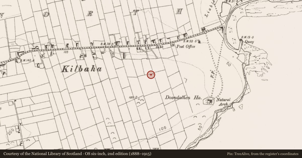 Ordnance Survey six-inch map, 2nd edition (1888–1915) covering the location of Earthwork, Kilbaha South, County Clare, with a pin at the register's coordinates