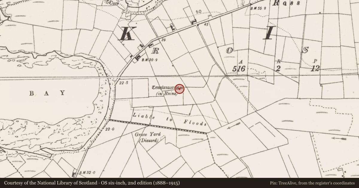 Ordnance Survey six-inch map, 2nd edition (1888–1915) covering the location of Church, Ross, County Clare, with a pin at the register's coordinates