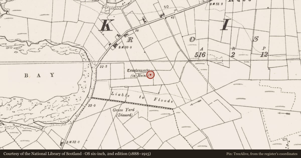 Ordnance Survey six-inch map, 2nd edition (1888–1915) covering the location of Graveyard, Ross, County Clare, with a pin at the register's coordinates