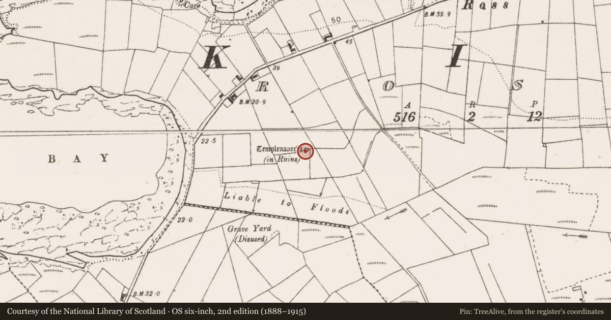 Ordnance Survey six-inch map, 2nd edition (1888–1915) covering the location of Cross, County Clare, with a pin at the register's coordinates
