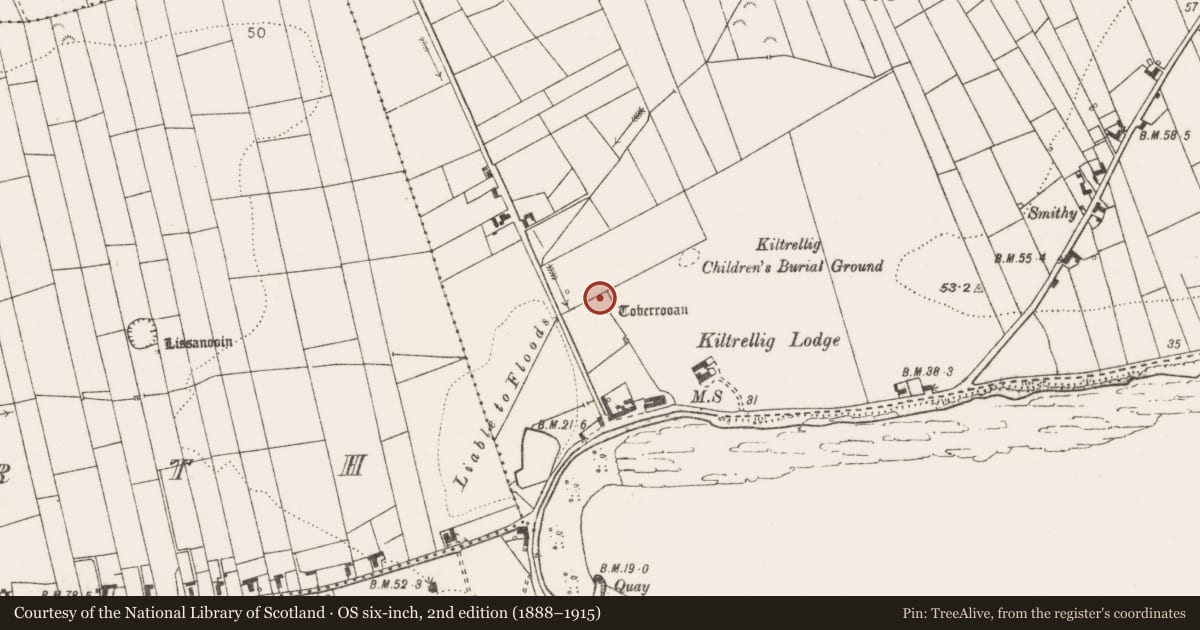 Ordnance Survey six-inch map, 2nd edition (1888–1915) covering the location of Ritual site - holy well, Kiltrellig, County Clare, with a pin at the register's coordinates