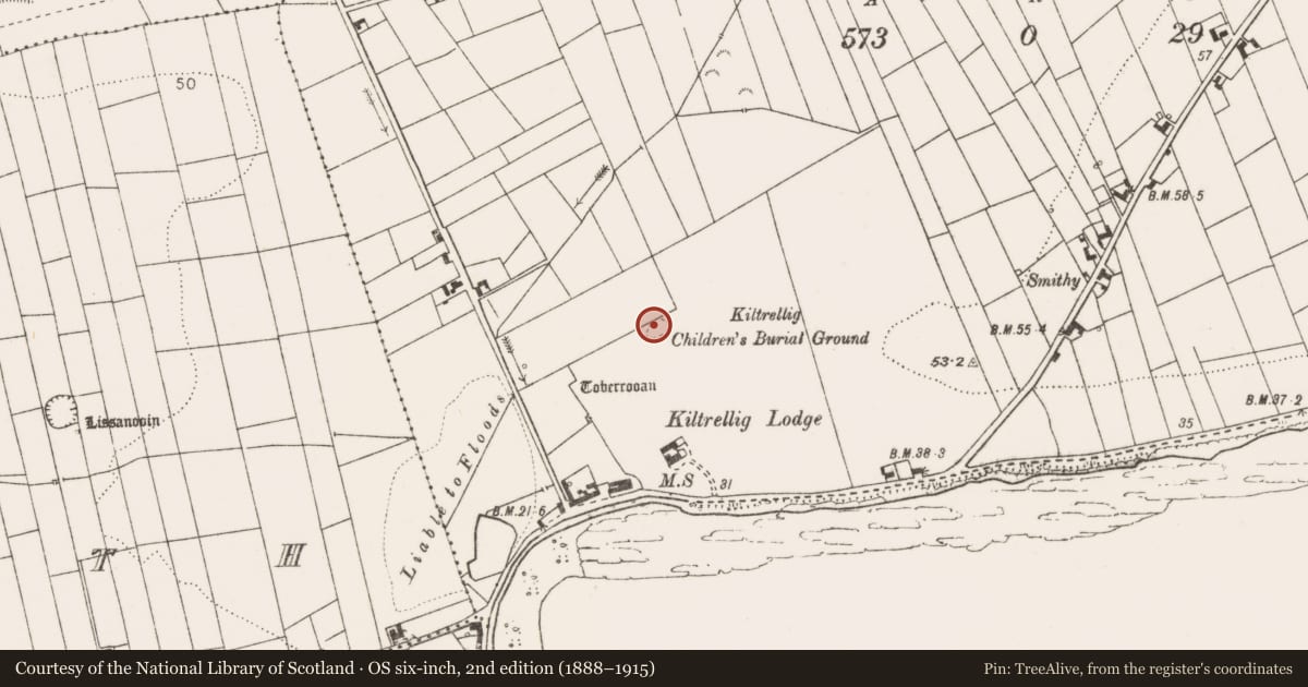 Ordnance Survey six-inch map, 2nd edition (1888–1915) covering the location of Burial ground, Kiltrellig, County Clare, with a pin at the register's coordinates
