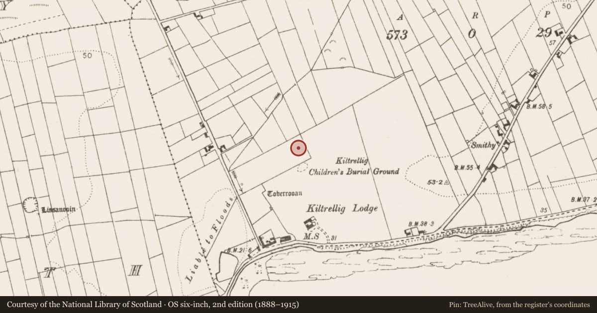 Ordnance Survey six-inch map, 2nd edition (1888–1915) covering the location of Ringfort - rath, Kiltrellig, County Clare, with a pin at the register's coordinates