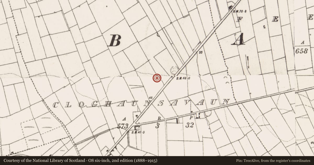 Ordnance Survey six-inch map, 2nd edition (1888–1915) covering the location of Ringfort - rath, Cloghaunsavaun, County Clare, with a pin at the register's coordinates
