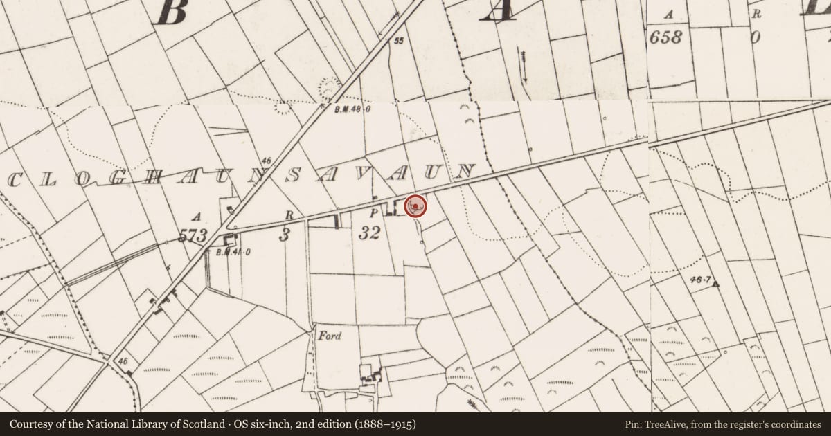 Ordnance Survey six-inch map, 2nd edition (1888–1915) covering the location of Ringfort - rath, Cloghaunsavaun, County Clare, with a pin at the register's coordinates