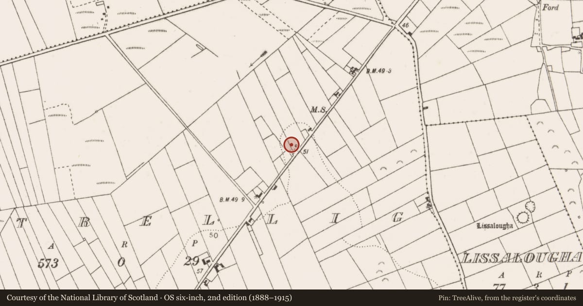 Ordnance Survey six-inch map, 2nd edition (1888–1915) covering the location of Ringfort - rath, Kiltrellig, County Clare, with a pin at the register's coordinates