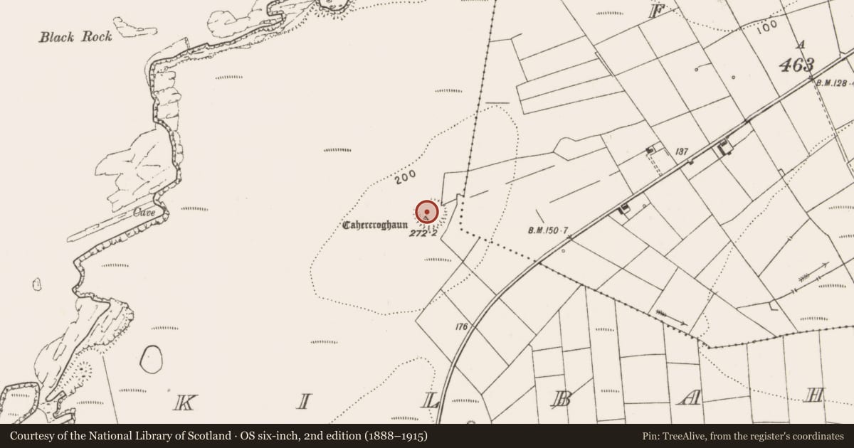 Ordnance Survey six-inch map, 2nd edition (1888–1915) covering the location of Signal tower, Kilbaha North, County Clare, with a pin at the register's coordinates