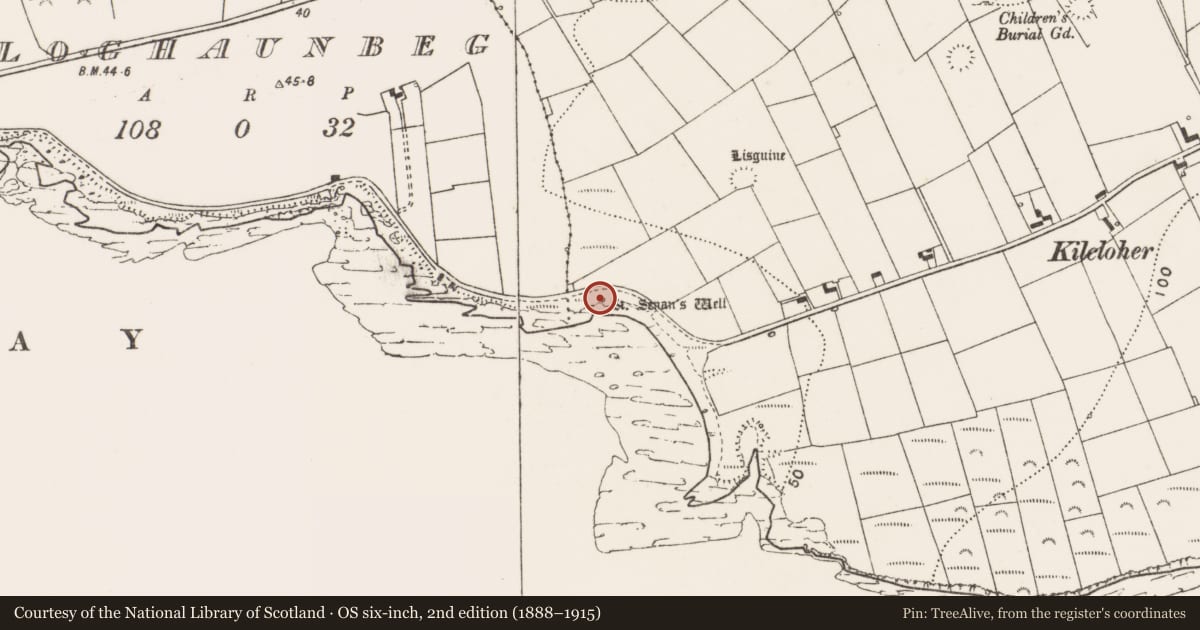 Ordnance Survey six-inch map, 2nd edition (1888–1915) covering the location of Ritual site - holy well, Kilcloher, County Clare, with a pin at the register's coordinates