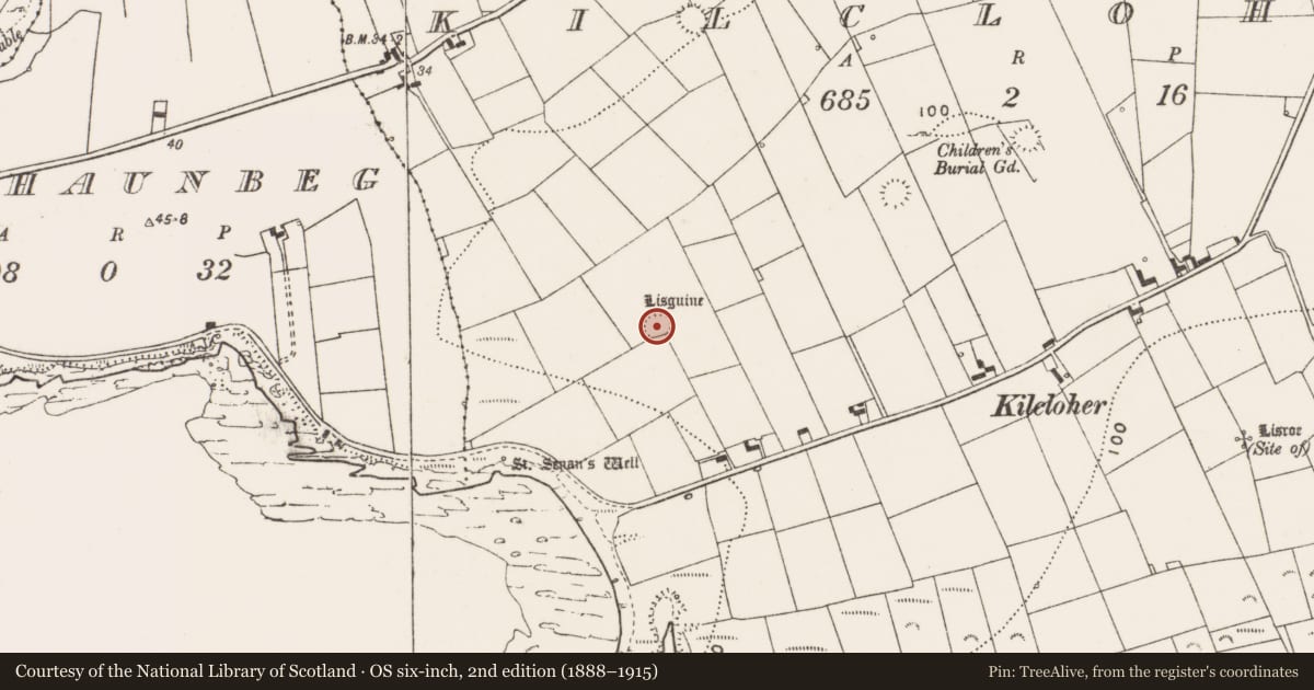 Ordnance Survey six-inch map, 2nd edition (1888–1915) covering the location of Ringfort - rath, Kilcloher, County Clare, with a pin at the register's coordinates