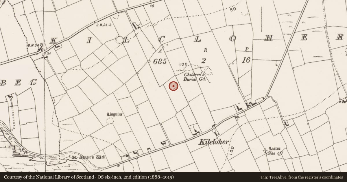 Ordnance Survey six-inch map, 2nd edition (1888–1915) covering the location of Ringfort - rath, Kilcloher, County Clare, with a pin at the register's coordinates