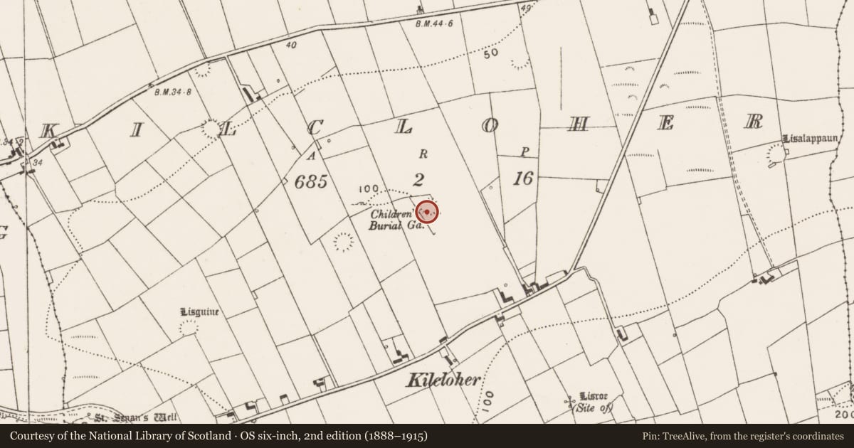 Ordnance Survey six-inch map, 2nd edition (1888–1915) covering the location of Children's burial ground, Kilcloher, County Clare, with a pin at the register's coordinates