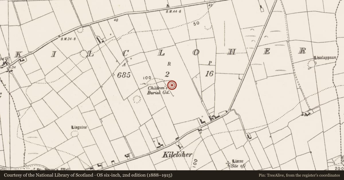 Ordnance Survey six-inch map, 2nd edition (1888–1915) covering the location of Ringfort - rath, Kilcloher, County Clare, with a pin at the register's coordinates