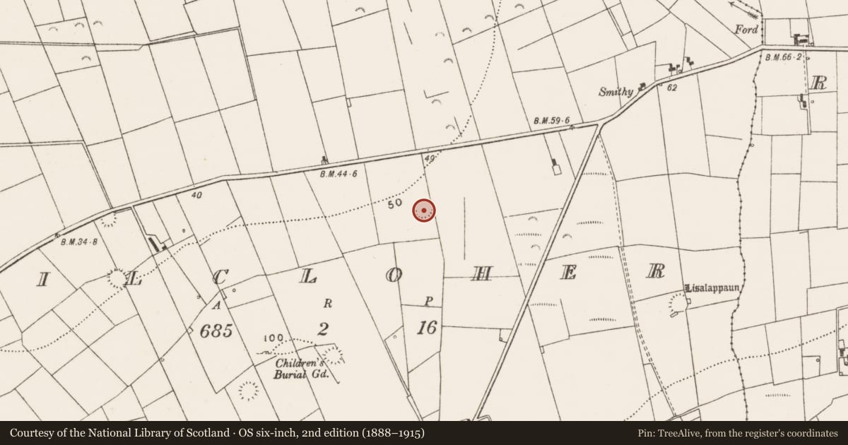 Ordnance Survey six-inch map, 2nd edition (1888–1915) covering the location of Ringfort - rath, Kilcloher, County Clare, with a pin at the register's coordinates