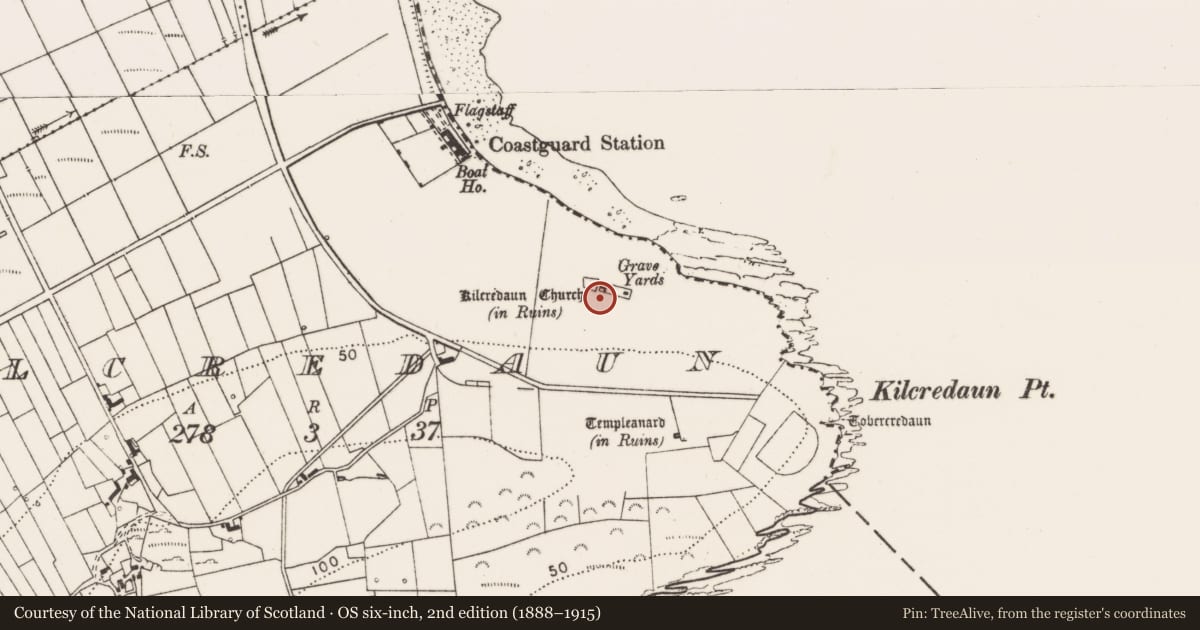 Ordnance Survey six-inch map, 2nd edition (1888–1915) covering the location of Church, Kilcredaun, County Clare, with a pin at the register's coordinates