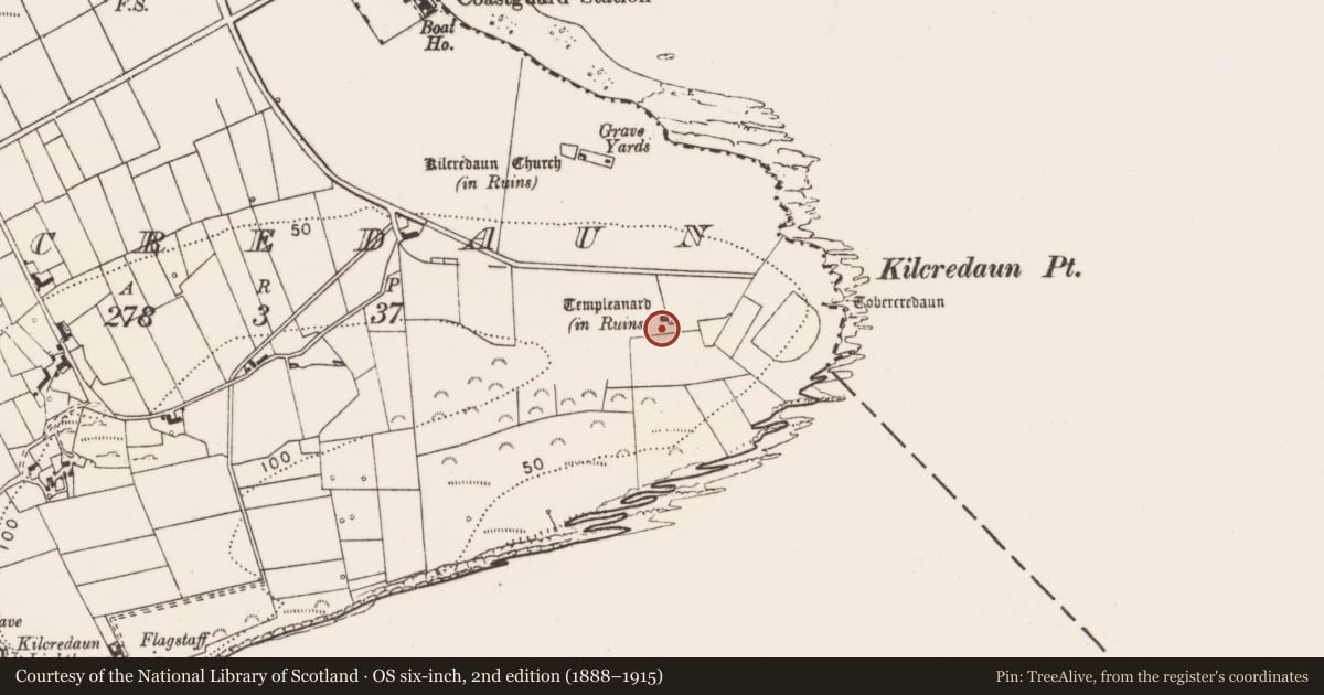 Ordnance Survey six-inch map, 2nd edition (1888–1915) covering the location of Church, Kilcredaun, County Clare, with a pin at the register's coordinates