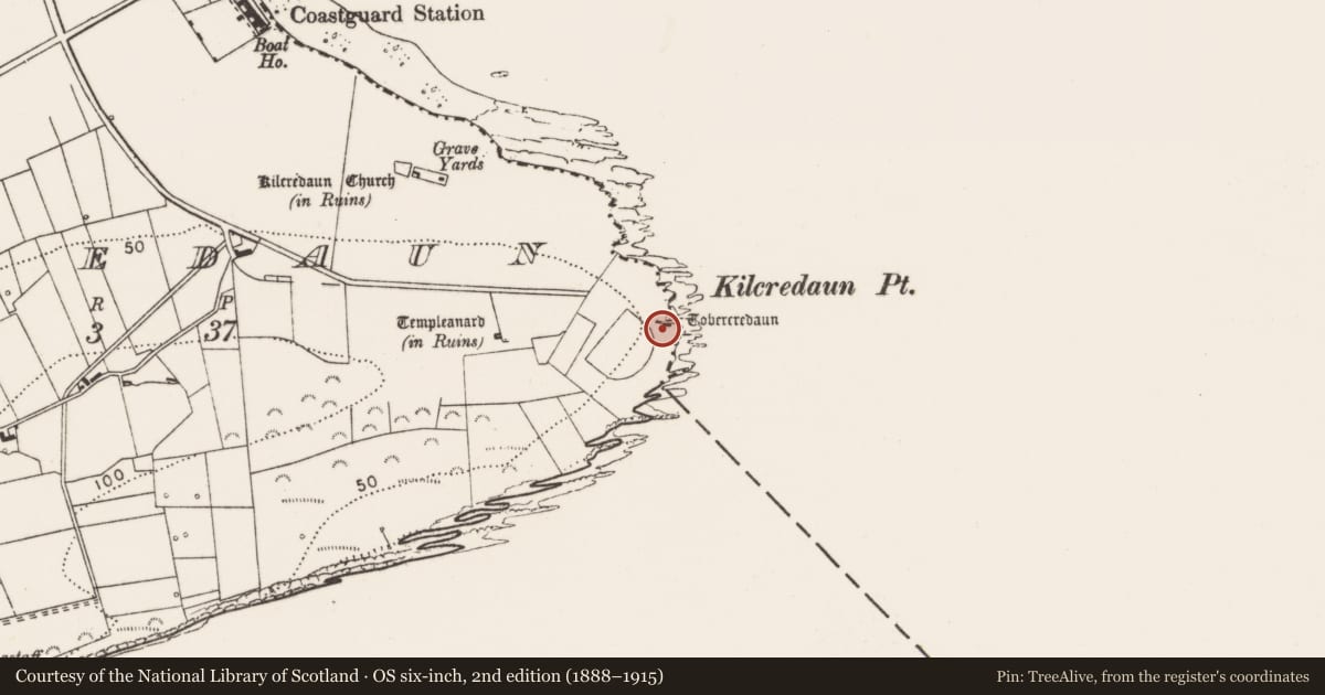 Ordnance Survey six-inch map, 2nd edition (1888–1915) covering the location of Ritual site - holy well, Kilcredaun, County Clare, with a pin at the register's coordinates
