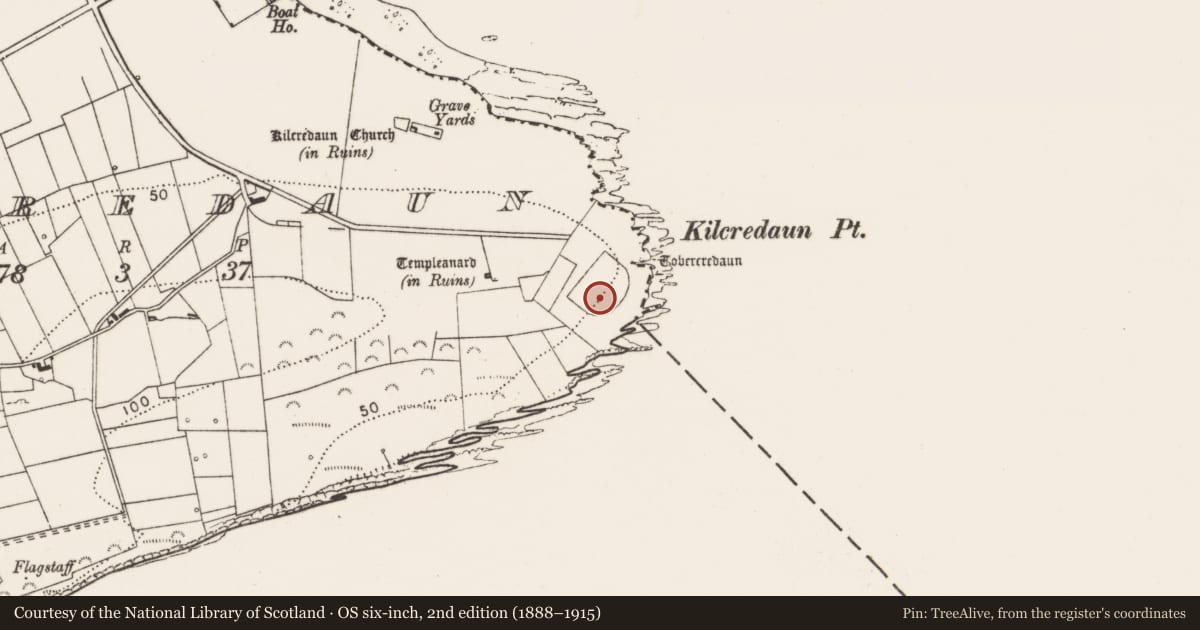Ordnance Survey six-inch map, 2nd edition (1888–1915) covering the location of Battery, Kilcredaun, County Clare, with a pin at the register's coordinates