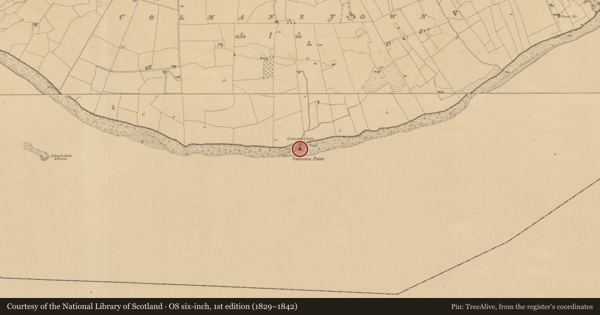 Ordnance Survey six-inch map, 1st edition (1829–1842) covering the location of Castle - tower house, Colmanstown, County Clare, with a pin at the register's coordinates