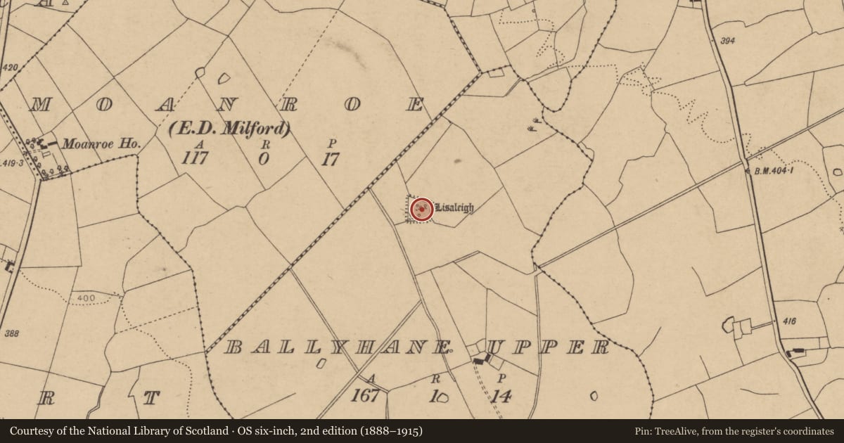 Ordnance Survey six-inch map, 2nd edition (1888–1915) covering the location of Moated site, Ballyhane Upper, County Cork, with a pin at the register's coordinates
